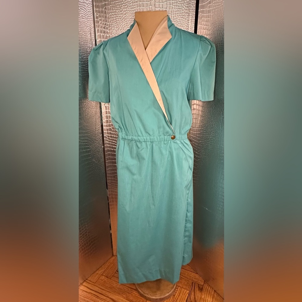 Tokens Vintage Teal Tan Snap Waist Shirt Dress